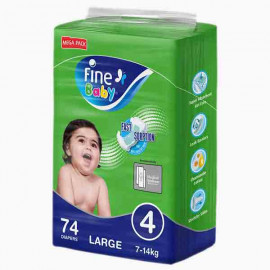 FINE BABY GREEN LARGE SUPER DRY  MEGA PACK 74PC فاين بيبي حفاضات الاطفال سوبرجرين / كبير 74 حبة