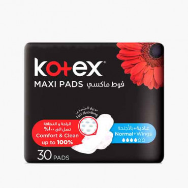 KOTEX MAXI NORMAL + WINGS 30'S كوتكس فوط صحية ماكسي بالاجنحة 30 حبة 